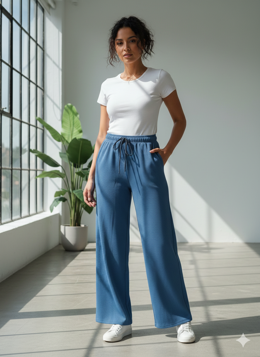 Women's Blue High-Waist Wide-Leg Lounge Pants | Soft Comfortable Everyday Wear Bottoms