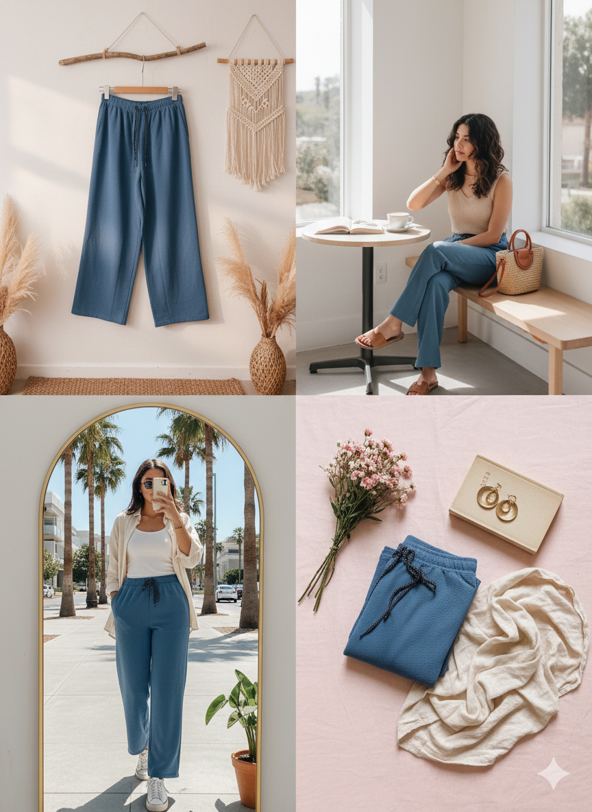 Women's Blue High-Waist Wide-Leg Lounge Pants | Soft Comfortable Everyday Wear Bottoms