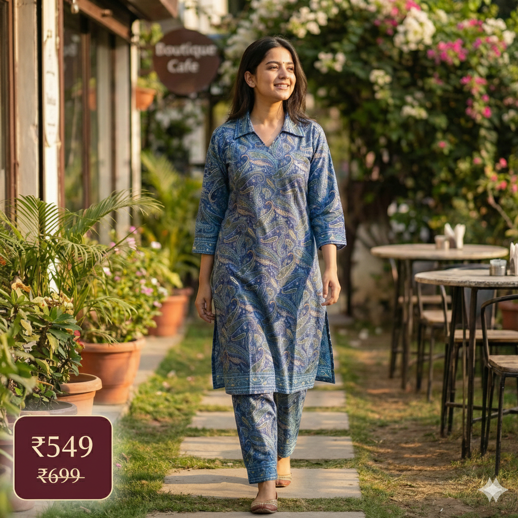 Blue Paisley Printed Cotton Co-ord Set for Women | Comfortable Daily Wear Two-Piece Set