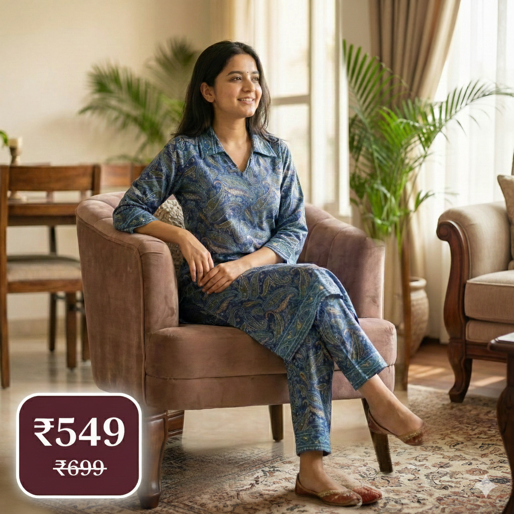 Blue Paisley Printed Cotton Co-ord Set for Women | Comfortable Daily Wear Two-Piece Set