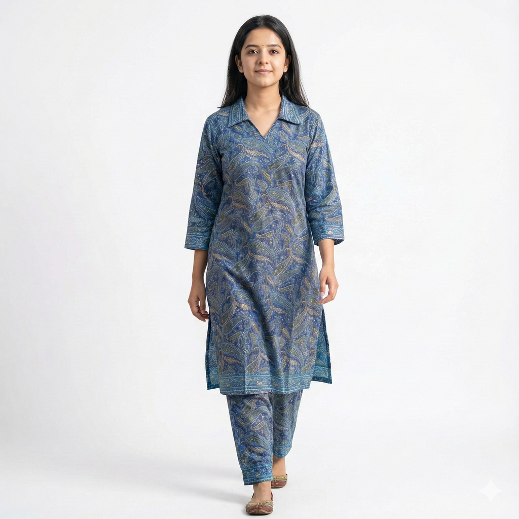 Blue Paisley Printed Cotton Co-ord Set for Women | Comfortable Daily Wear Two-Piece Set