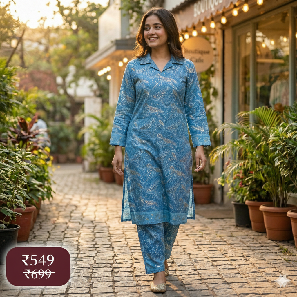 Blue Paisley Print Cotton Co-ord Set for Women | Comfortable Kurta & Pant Set