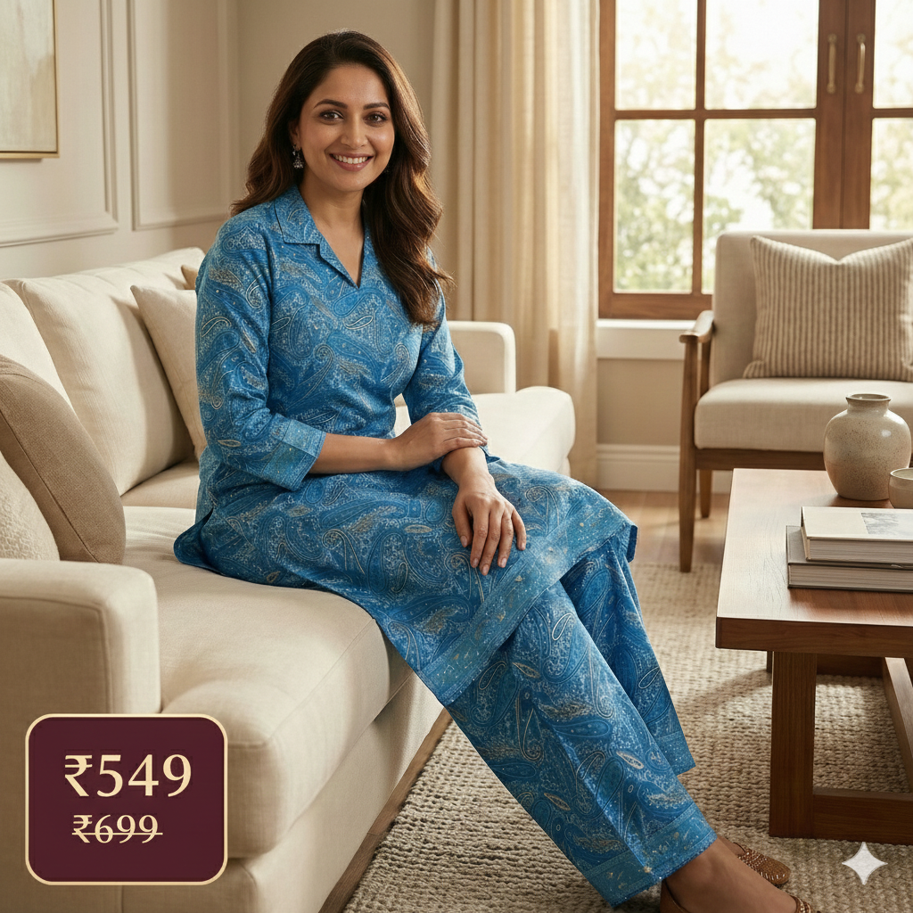 Blue Paisley Print Cotton Co-ord Set for Women | Comfortable Kurta & Pant Set