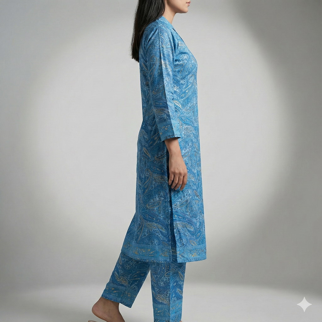 Blue Paisley Print Cotton Co-ord Set for Women | Comfortable Kurta & Pant Set