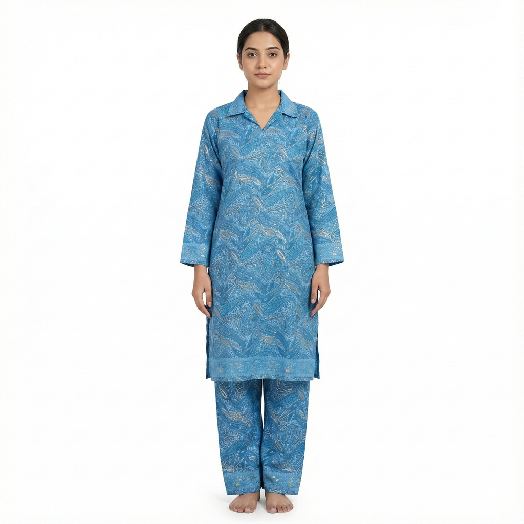 Blue Paisley Print Cotton Co-ord Set for Women | Comfortable Kurta & Pant Set