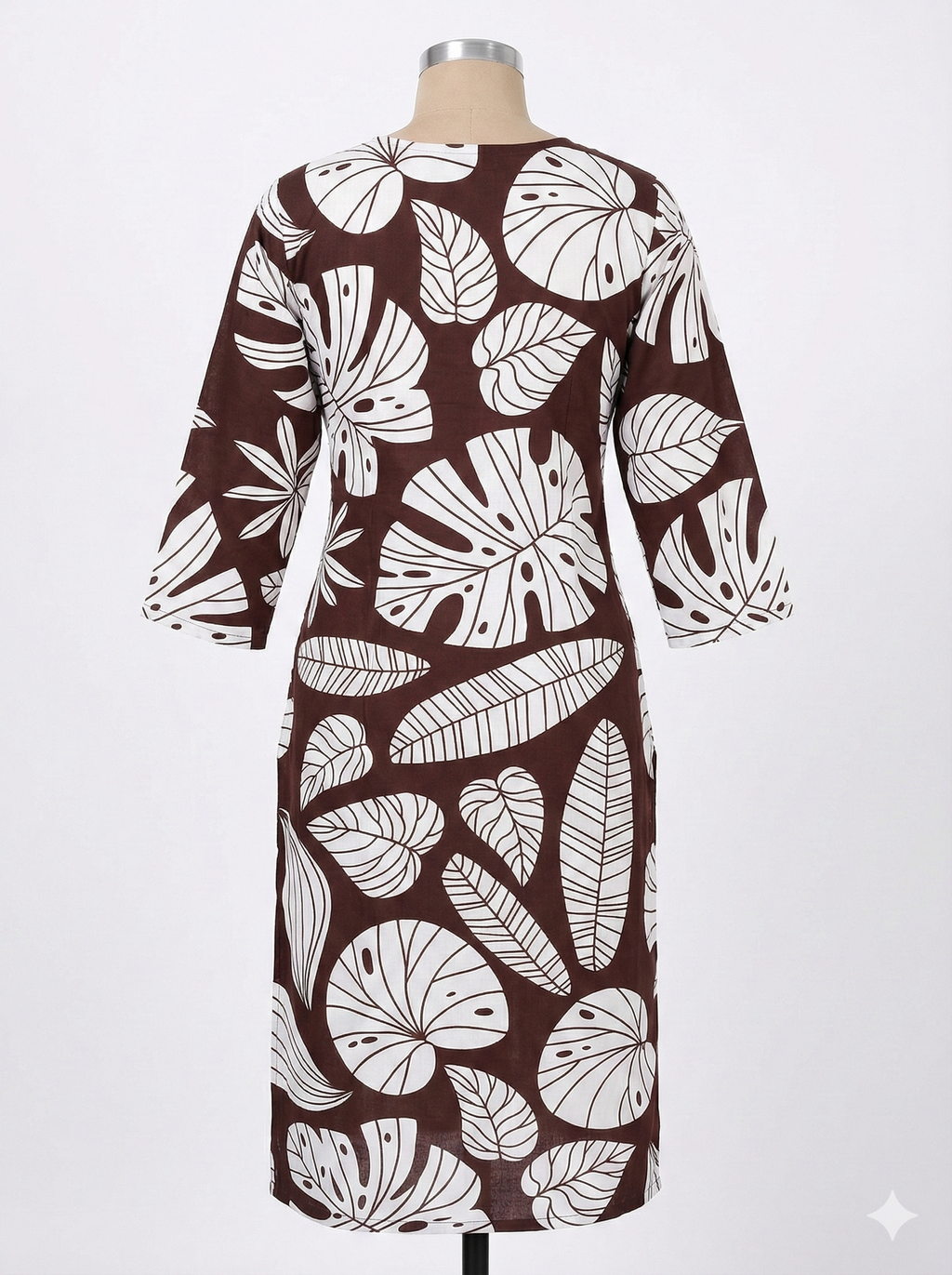 Brown Leaf-Print Straight Kurti with Handcrafted Mirror Work – Elegant Daily Wear for Women