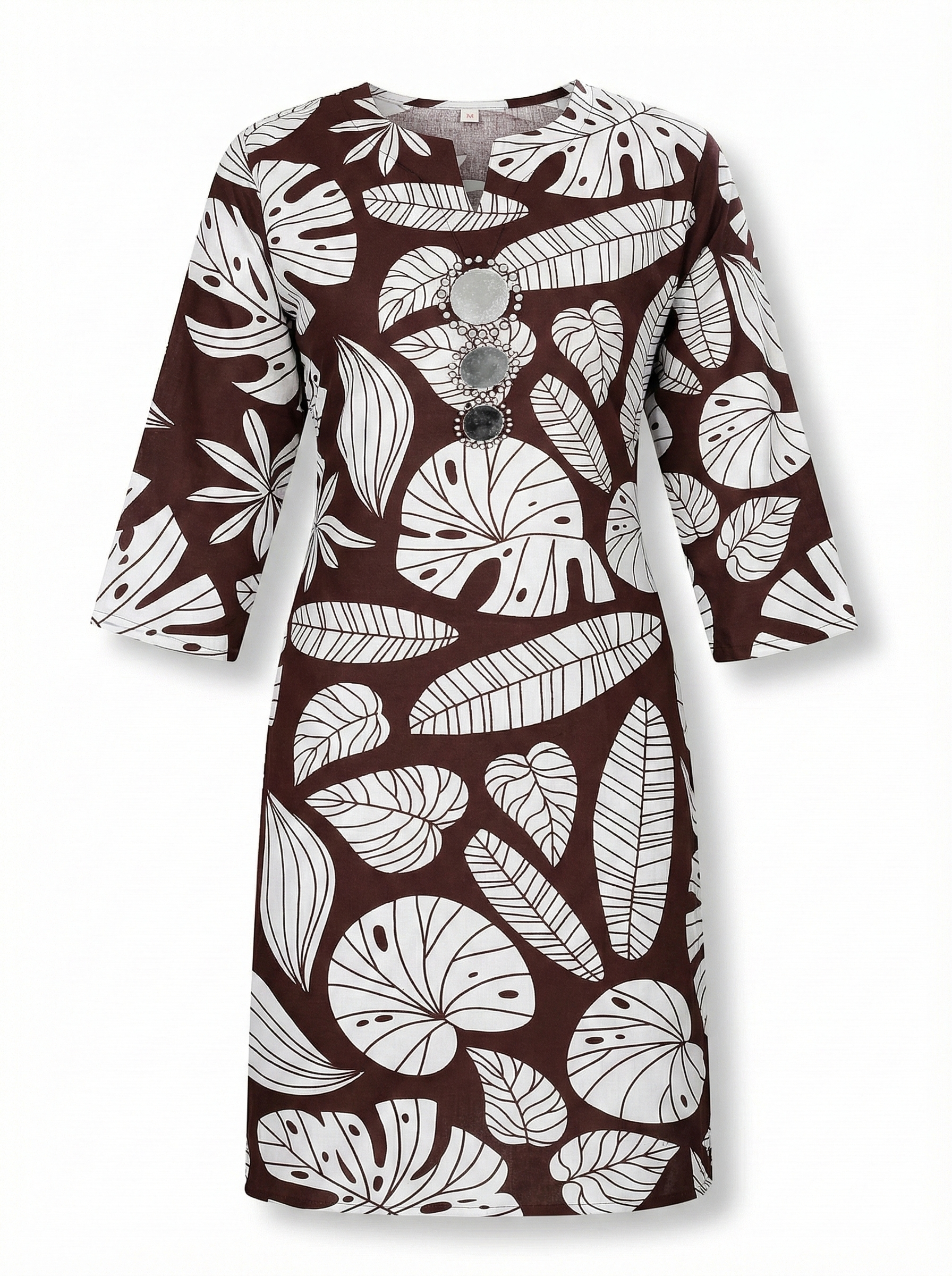 Brown Leaf-Print Straight Kurti with Handcrafted Mirror Work – Elegant Daily Wear for Women