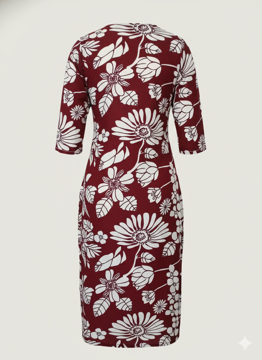 Burgundy White Floral Printed Long Kurti for Women | Soft Cotton Straight Fit 3/4 Sleeve Kurta