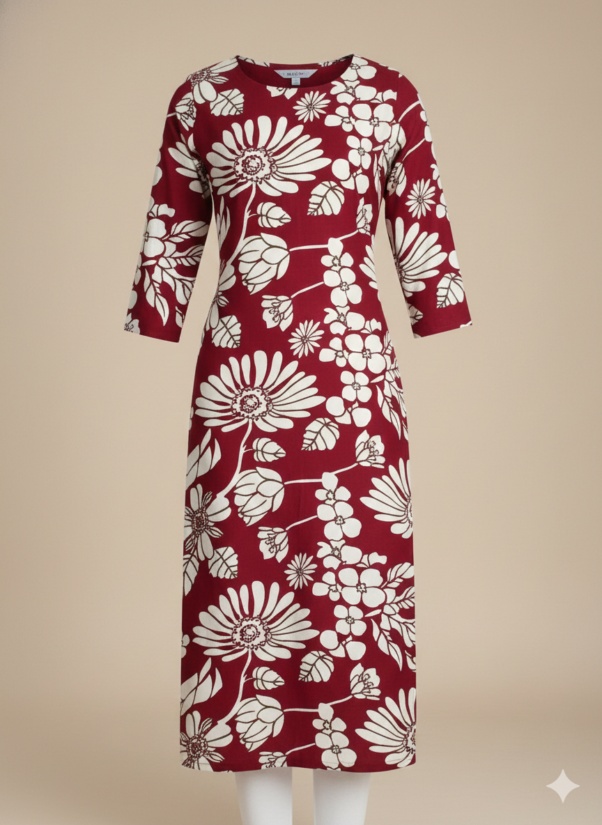 Burgundy White Floral Printed Long Kurti for Women | Soft Cotton Straight Fit 3/4 Sleeve Kurta