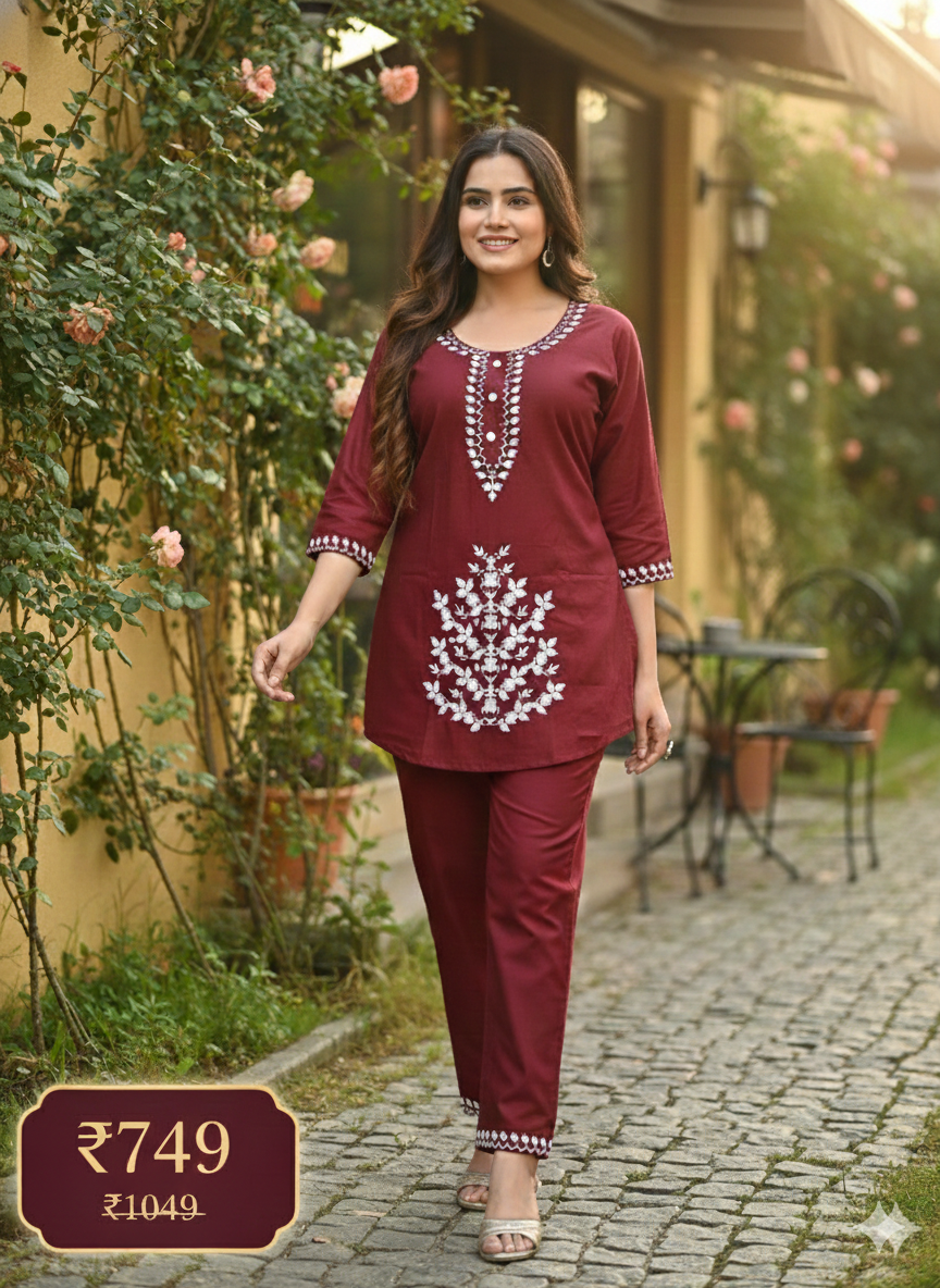 Elegant Burgundy Long Cord Set with White Thread Embroidery | Two-Piece Ethnic Co-Ord Set for Women