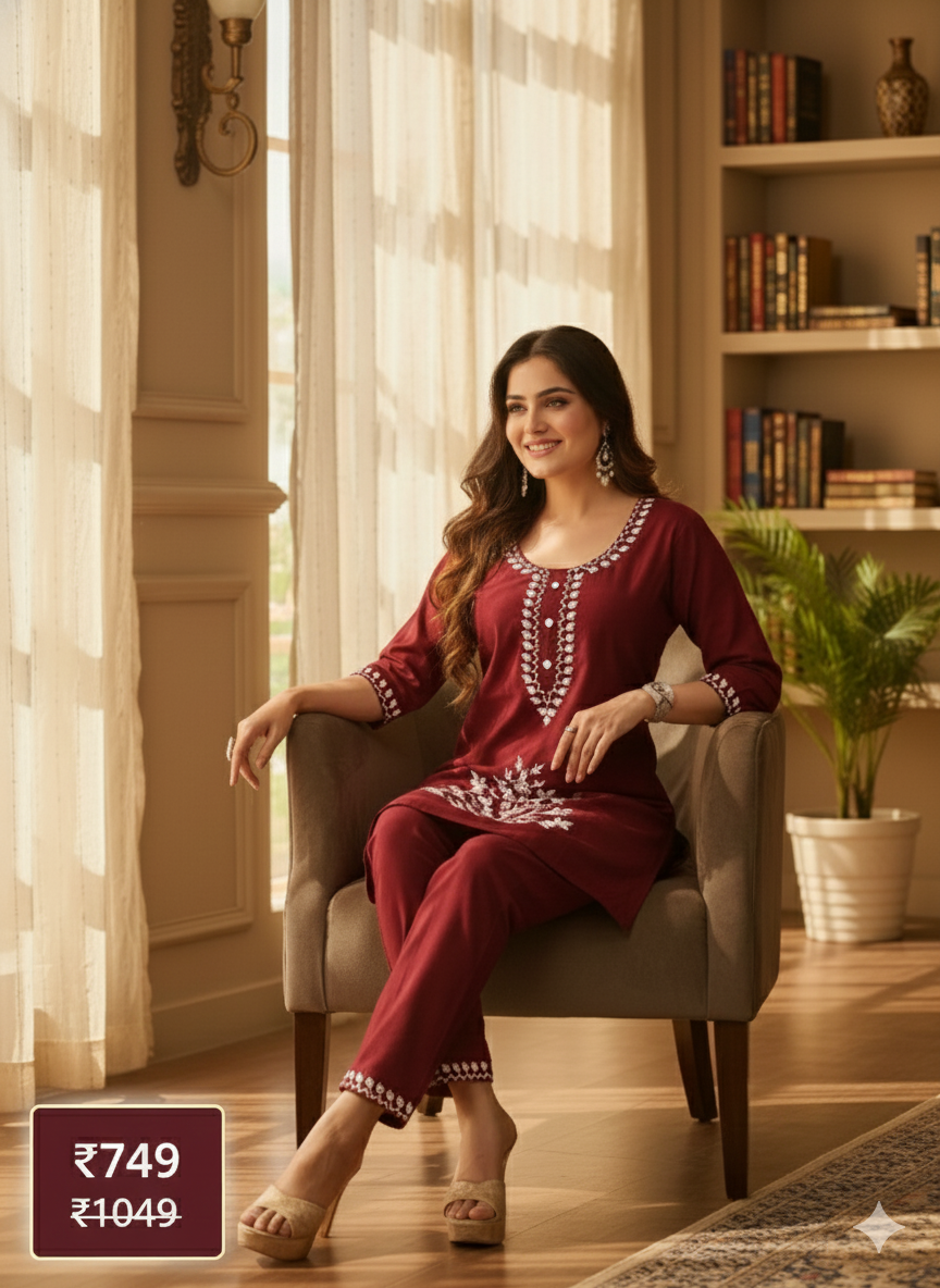 Elegant Burgundy Long Cord Set with White Thread Embroidery | Two-Piece Ethnic Co-Ord Set for Women