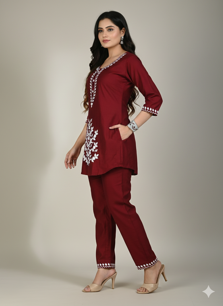 Elegant Burgundy Long Cord Set with White Thread Embroidery | Two-Piece Ethnic Co-Ord Set for Women