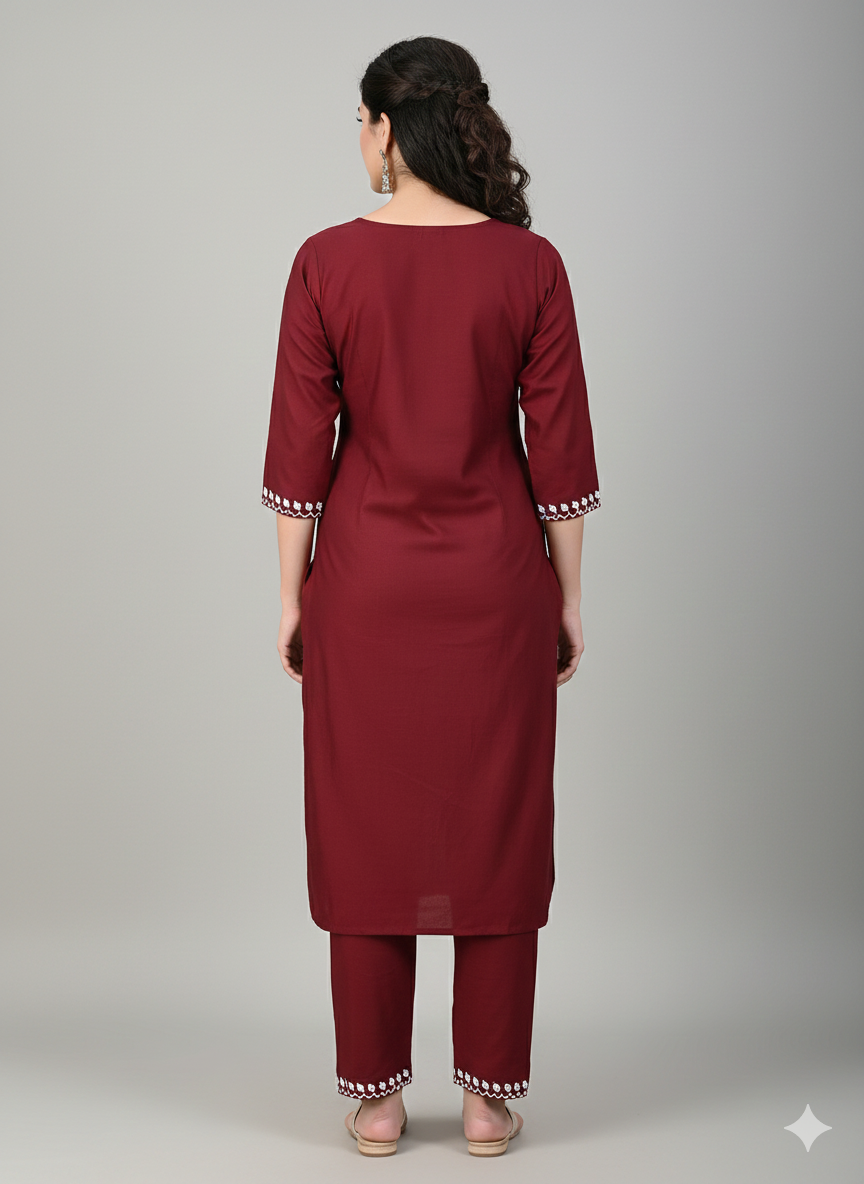 Elegant Burgundy Long Cord Set with White Thread Embroidery | Two-Piece Ethnic Co-Ord Set for Women