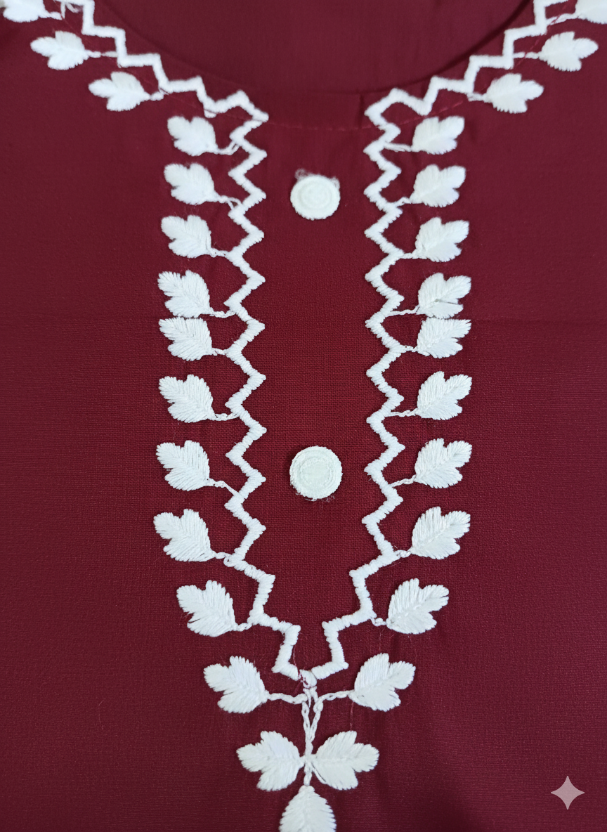 Elegant Burgundy Long Cord Set with White Thread Embroidery | Two-Piece Ethnic Co-Ord Set for Women