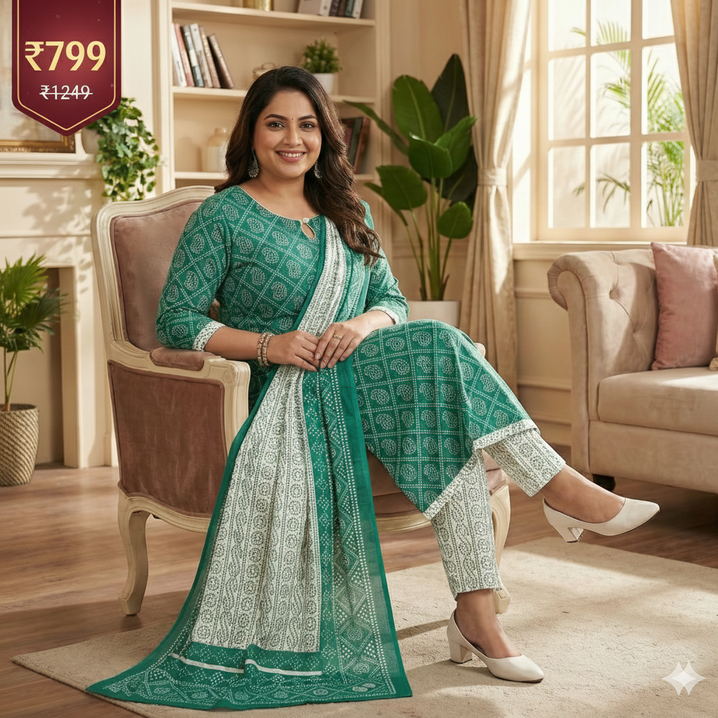 Plus Size Green & White Printed Cotton 3-Piece Suit Set for Women (Kurta, Pant & Dupatta | 2XL–5XL)
