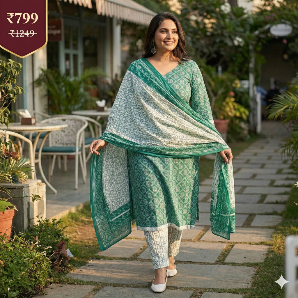 Plus Size Green & White Printed Cotton 3-Piece Suit Set for Women (Kurta, Pant & Dupatta | 2XL–5XL)