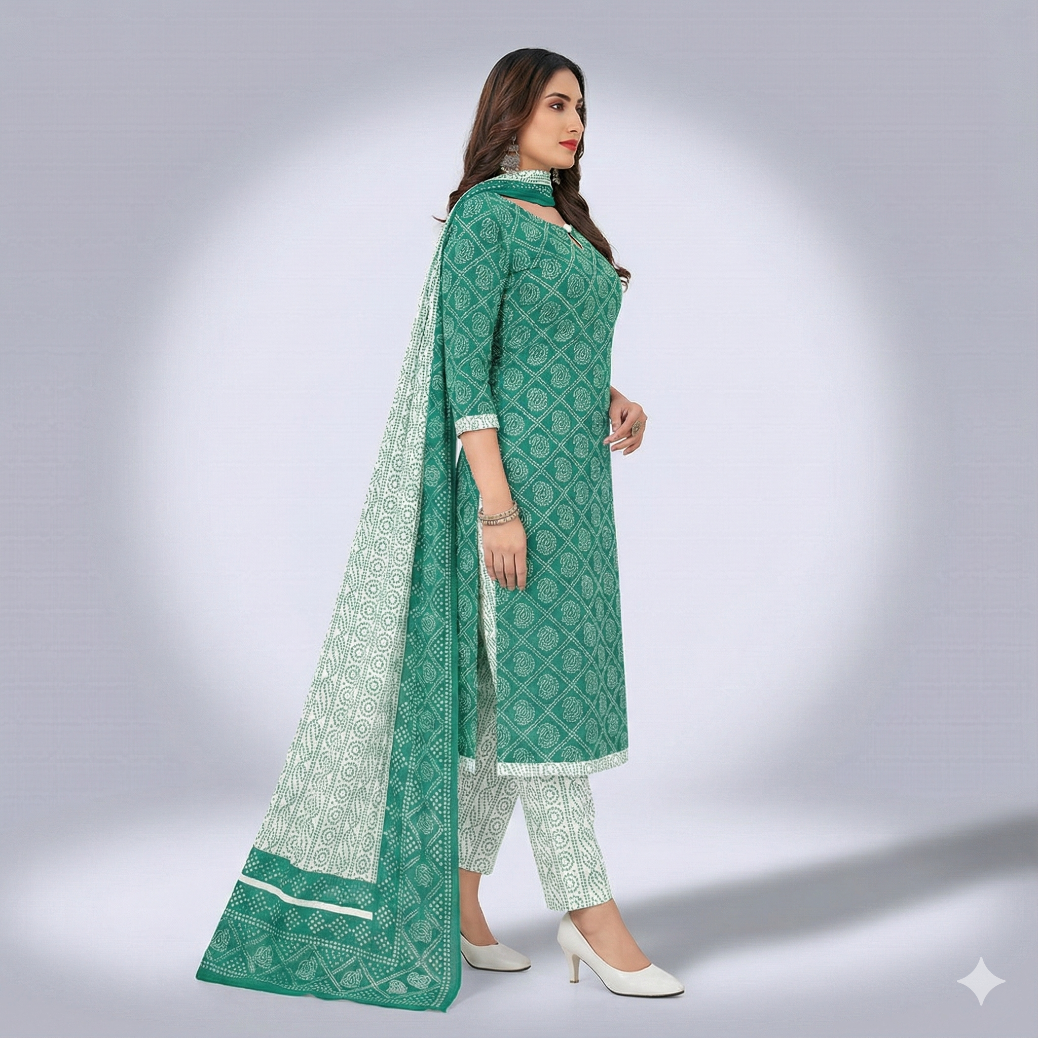 Plus Size Green & White Printed Cotton 3-Piece Suit Set for Women (Kurta, Pant & Dupatta | 2XL–5XL)
