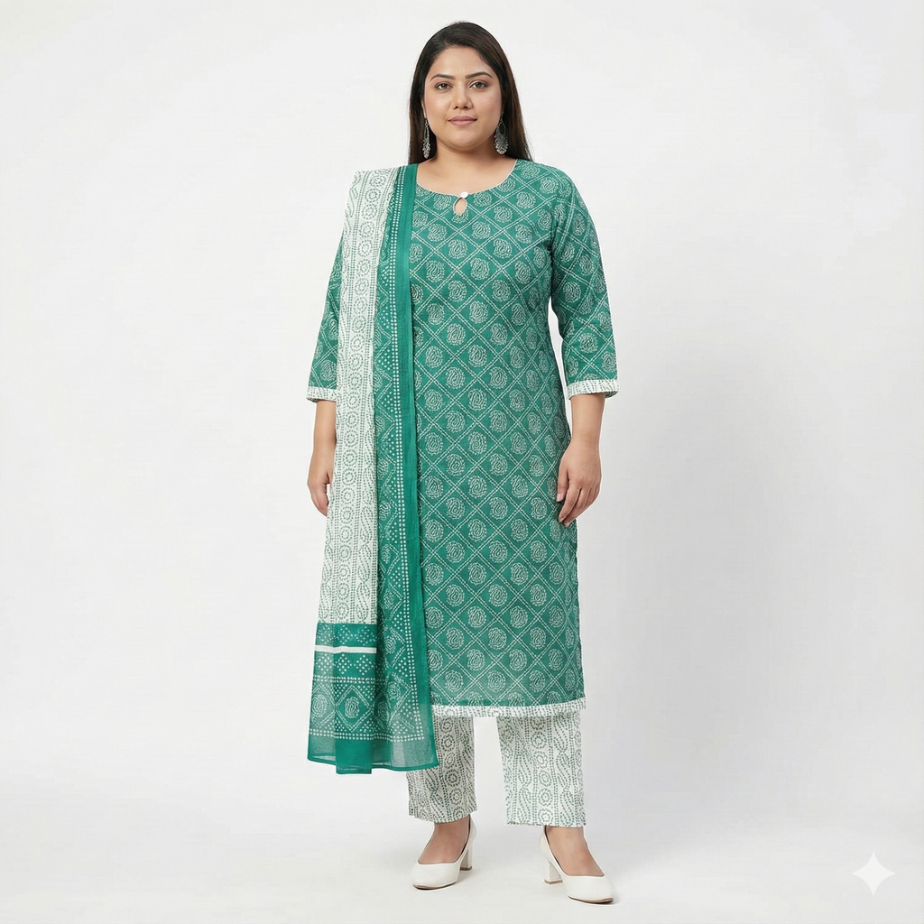 Plus Size Green & White Printed Cotton 3-Piece Suit Set for Women (Kurta, Pant & Dupatta | 2XL–5XL)