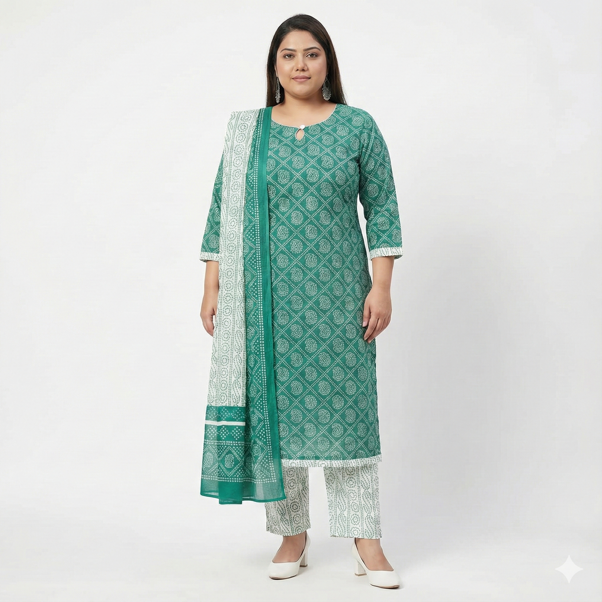 Plus Size Green & White Printed Cotton 3-Piece Suit Set for Women (Kurta, Pant & Dupatta | 2XL–5XL)