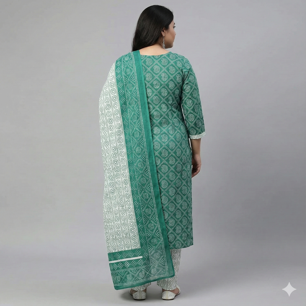 Plus Size Green & White Printed Cotton 3-Piece Suit Set for Women (Kurta, Pant & Dupatta | 2XL–5XL)