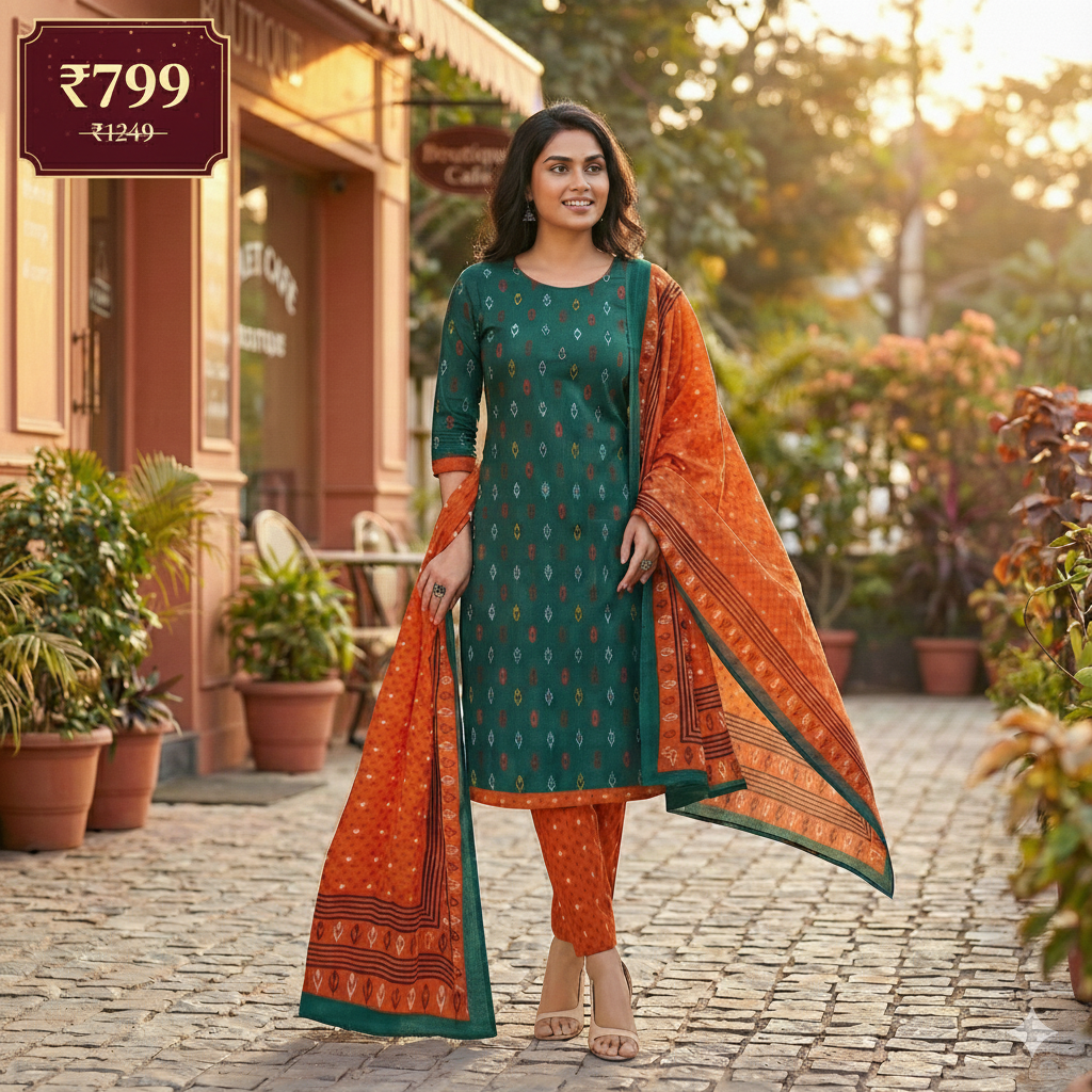 Green Ikat Print Cotton 3-Piece Suit Set with Orange Pant & Dupatta | Women’s Ethnic Wear