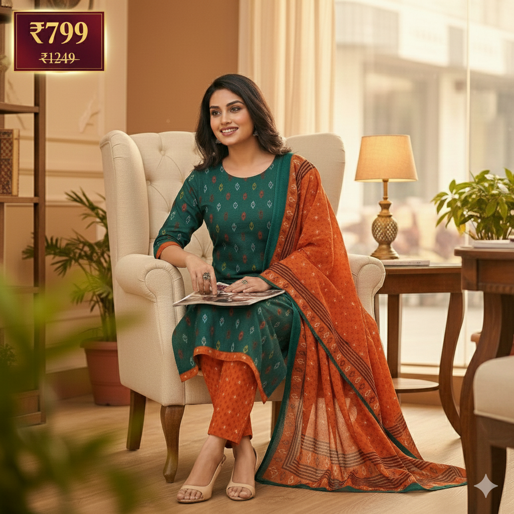 Green Ikat Print Cotton 3-Piece Suit Set with Orange Pant & Dupatta | Women’s Ethnic Wear