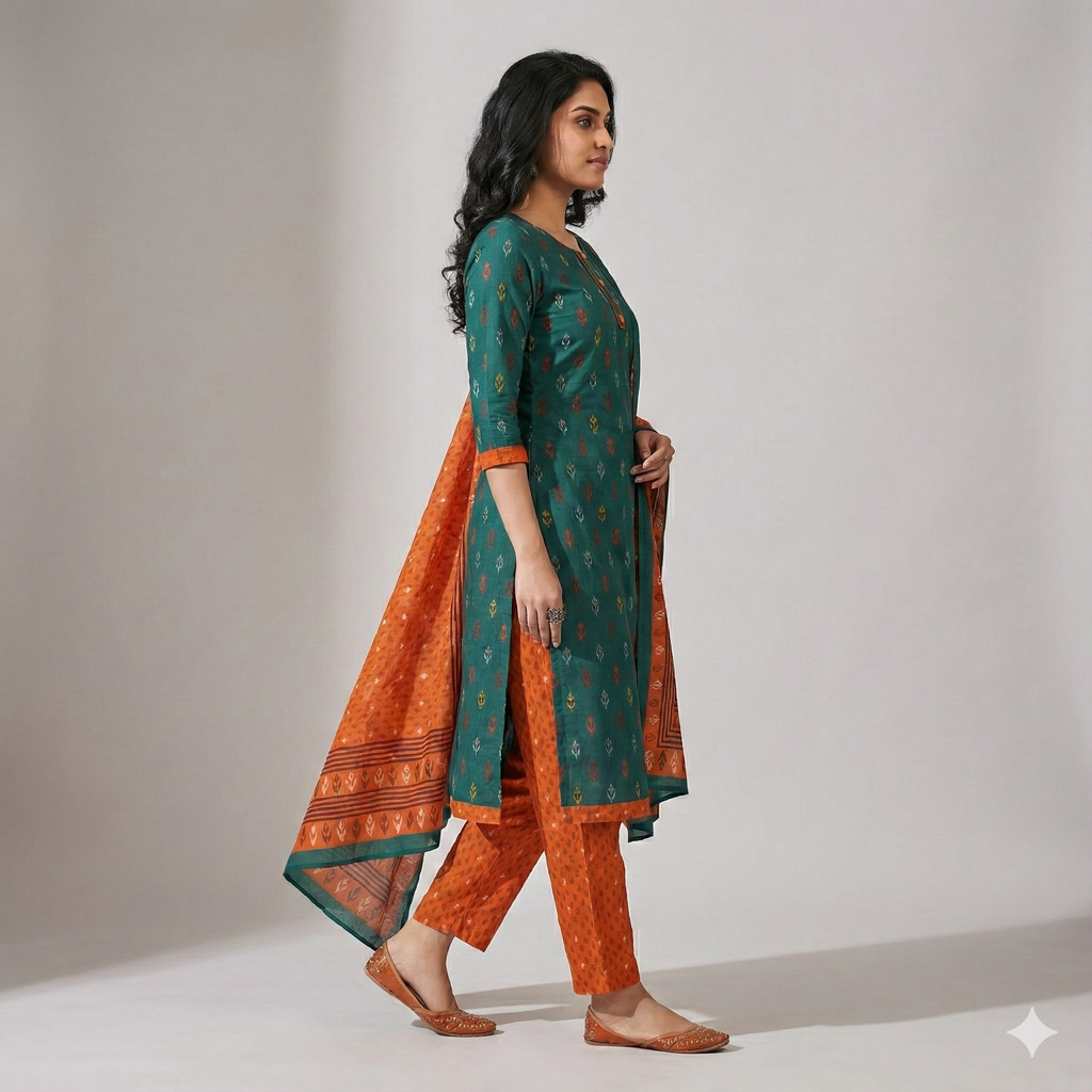 Green Ikat Print Cotton 3-Piece Suit Set with Orange Pant & Dupatta | Women’s Ethnic Wear