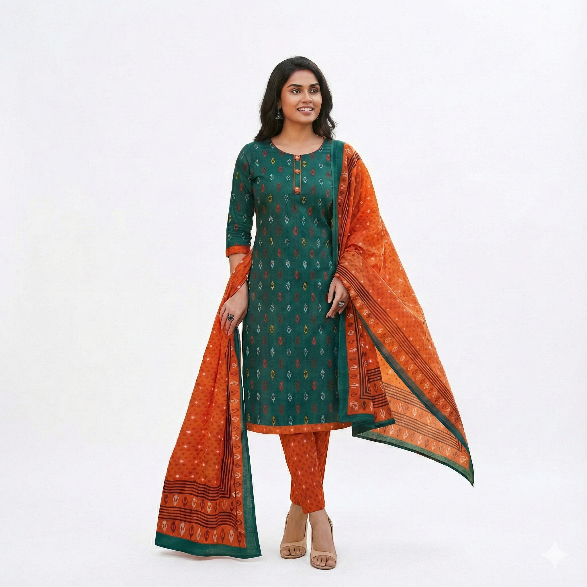 Green Ikat Print Cotton 3-Piece Suit Set with Orange Pant & Dupatta | Women’s Ethnic Wear