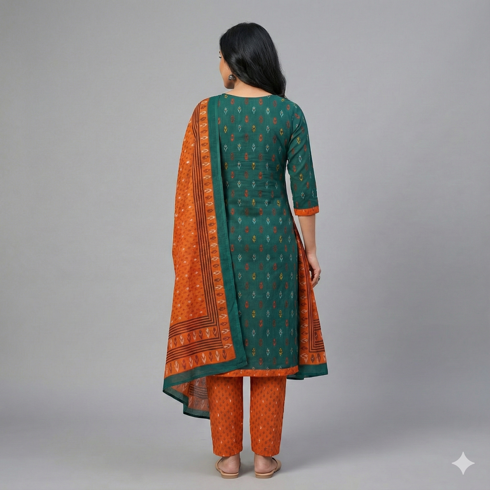Green Ikat Print Cotton 3-Piece Suit Set with Orange Pant & Dupatta | Women’s Ethnic Wear