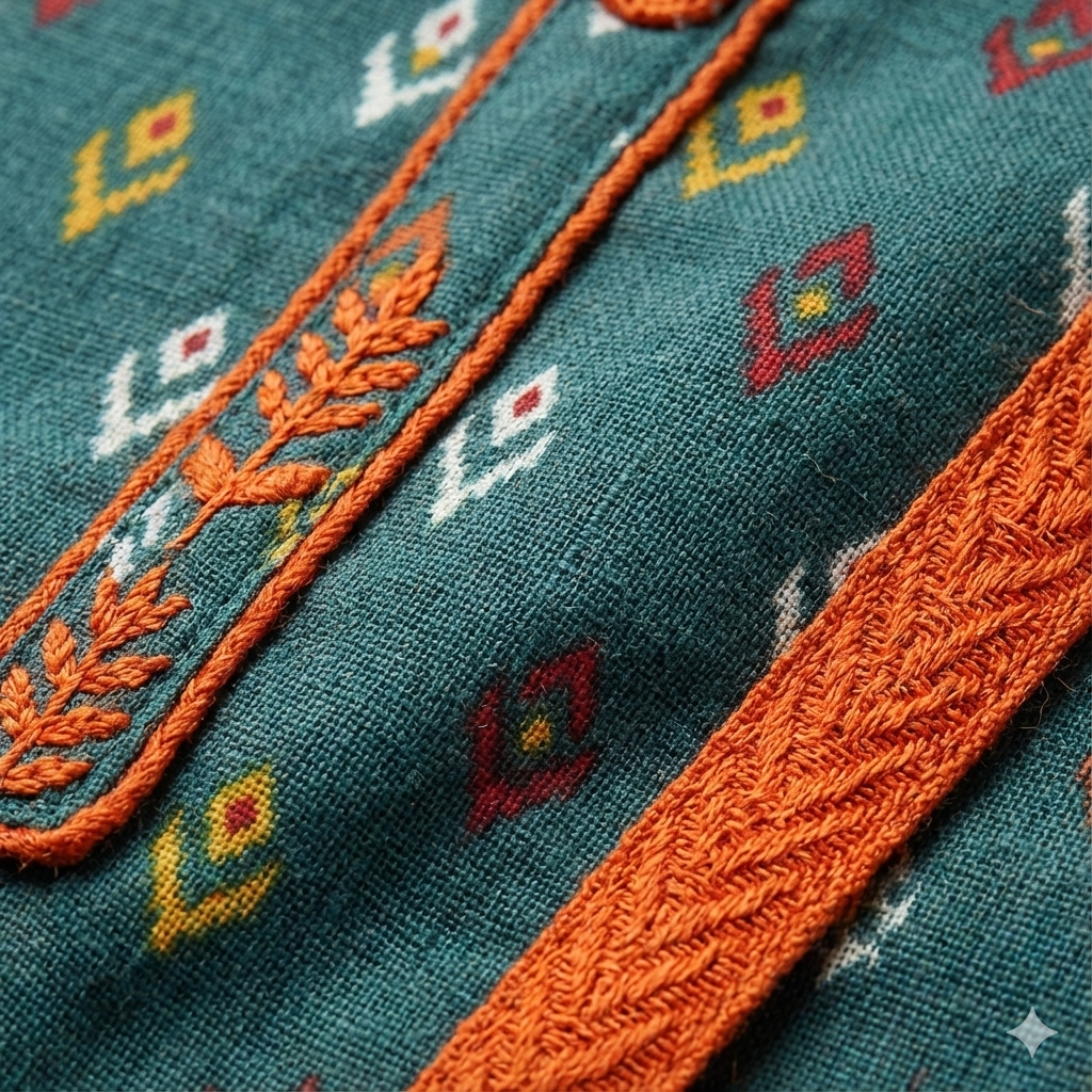 Green Ikat Print Cotton 3-Piece Suit Set with Orange Pant & Dupatta | Women’s Ethnic Wear