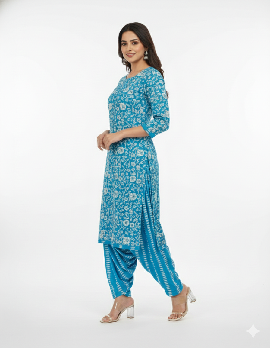 Blue Floral Printed Cotton 3-Piece Suit Set for Women – Kurta, Patiala Pants & Dupatta
