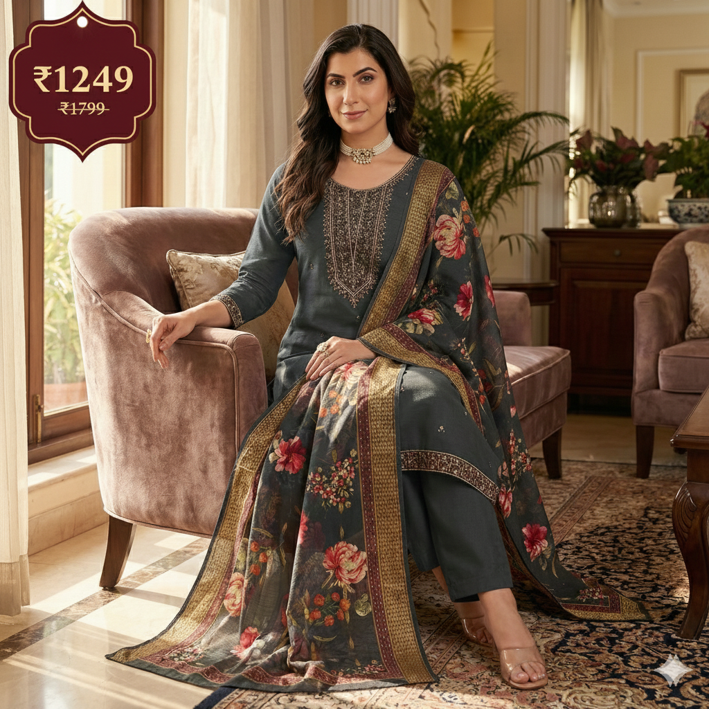Dark Green Embroidered 3-Piece Suit Set for Women – Kurta, Printed Pant & Floral Dupatta