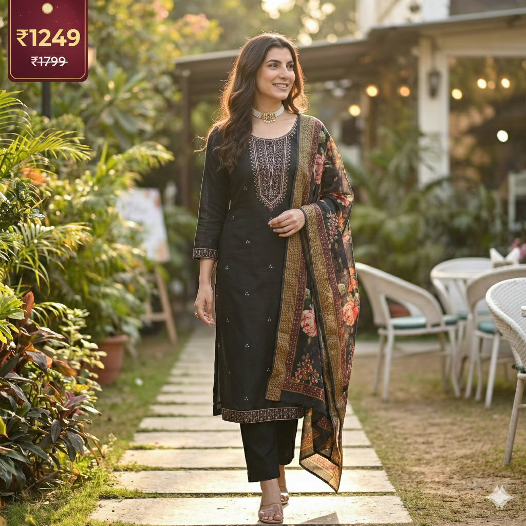 Dark Green Embroidered 3-Piece Suit Set for Women – Kurta, Printed Pant & Floral Dupatta