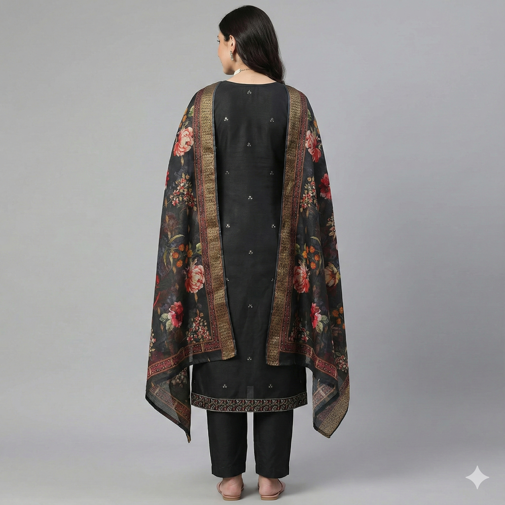 Dark Green Embroidered 3-Piece Suit Set for Women – Kurta, Printed Pant & Floral Dupatta