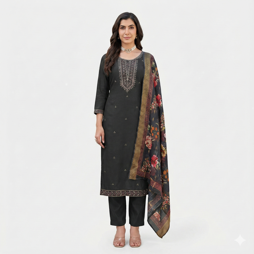 Dark Green Embroidered 3-Piece Suit Set for Women – Kurta, Printed Pant & Floral Dupatta