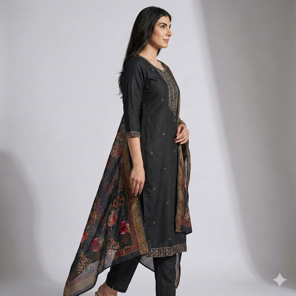 Dark Green Embroidered 3-Piece Suit Set for Women – Kurta, Printed Pant & Floral Dupatta