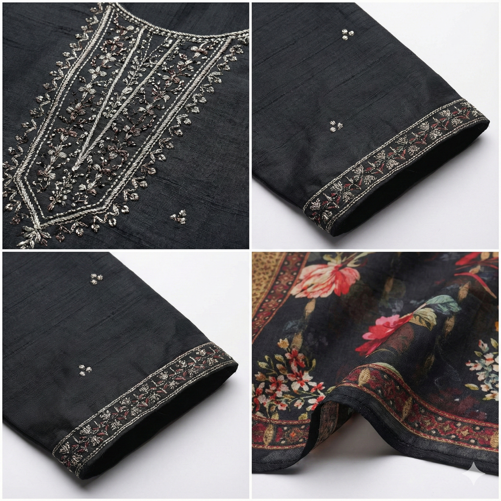 Dark Green Embroidered 3-Piece Suit Set for Women – Kurta, Printed Pant & Floral Dupatta