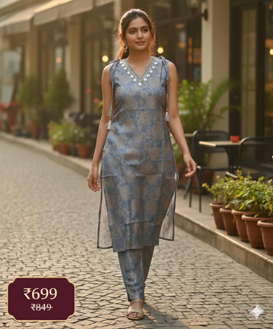 Elegant Blue Floral Printed Co-Ord Set for Women – Sleeveless Kurti & Matching Pants | Short Sleeves Attached Inside