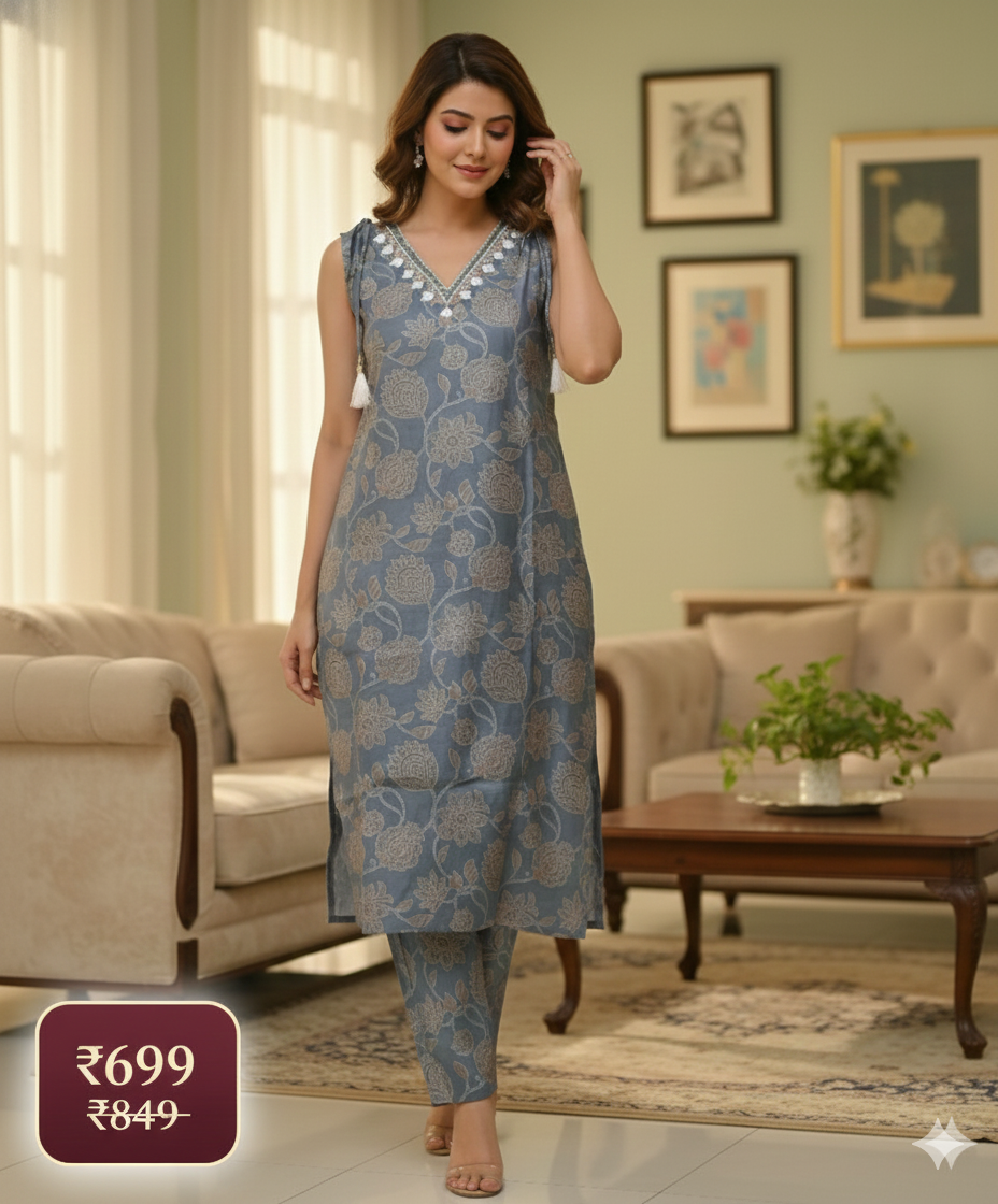Elegant Blue Floral Printed Co-Ord Set for Women – Sleeveless Kurti & Matching Pants | Short Sleeves Attached Inside