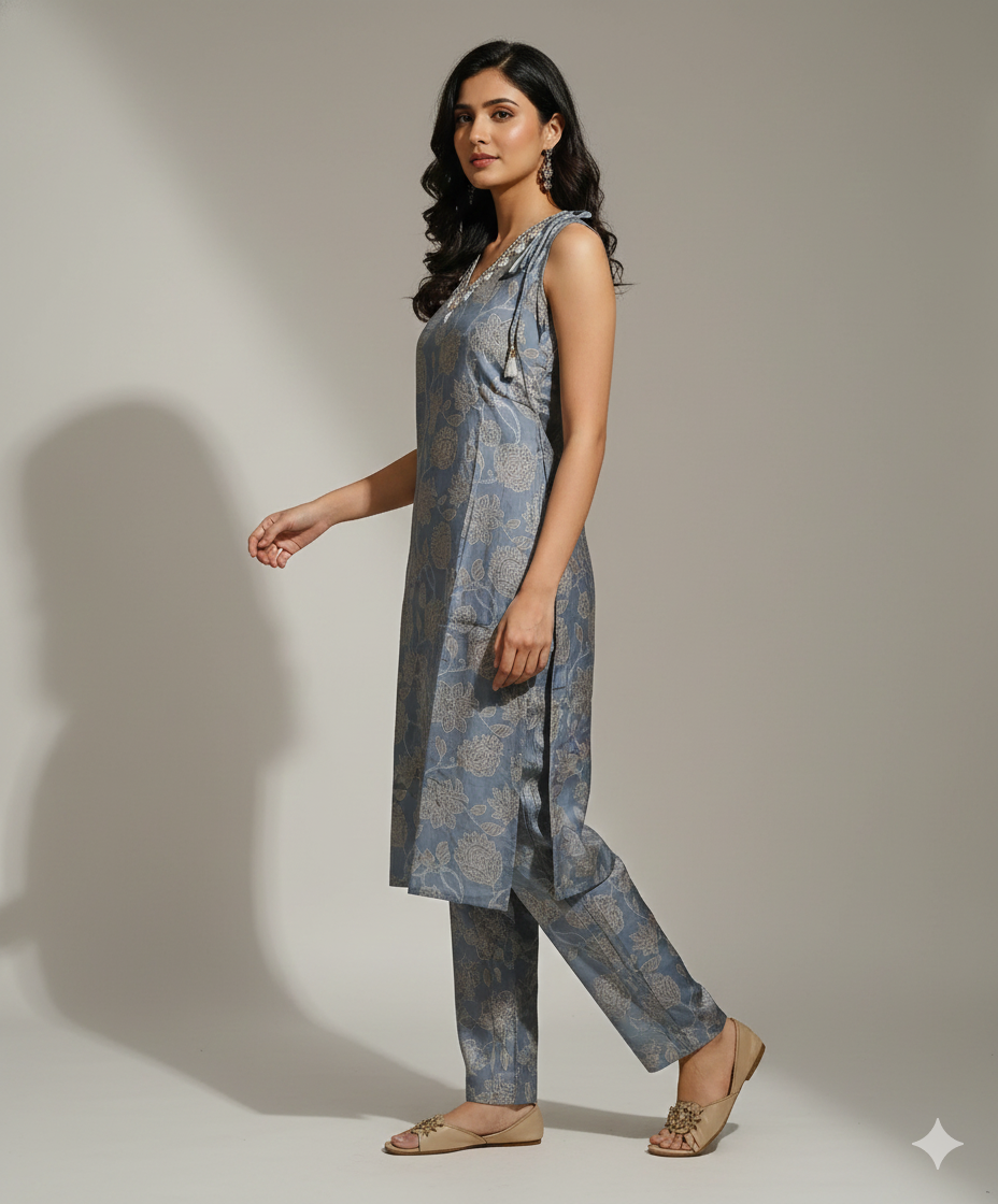 Elegant Blue Floral Printed Co-Ord Set for Women – Sleeveless Kurti & Matching Pants | Short Sleeves Attached Inside