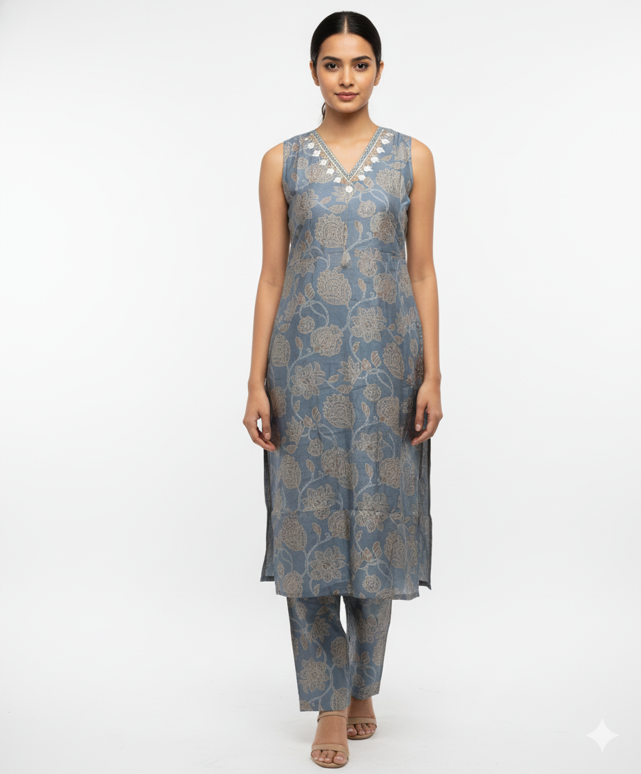 Elegant Blue Floral Printed Co-Ord Set for Women – Sleeveless Kurti & Matching Pants | Short Sleeves Attached Inside