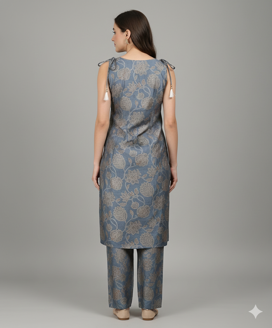 Elegant Blue Floral Printed Co-Ord Set for Women – Sleeveless Kurti & Matching Pants | Short Sleeves Attached Inside