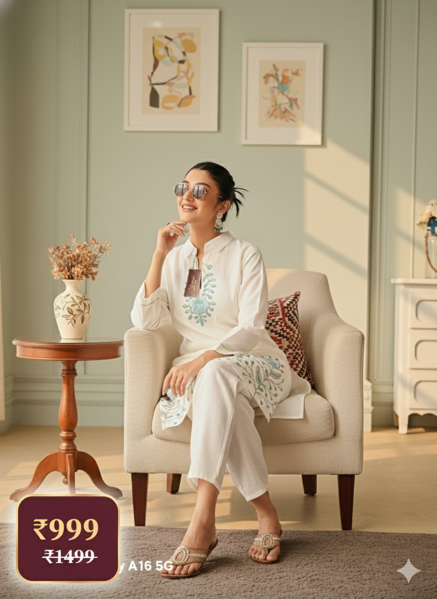 Elegant White Long Co-ord Set with Blue Floral Embroidery | Women’s Ethnic Wear | Summer Festive Outfit