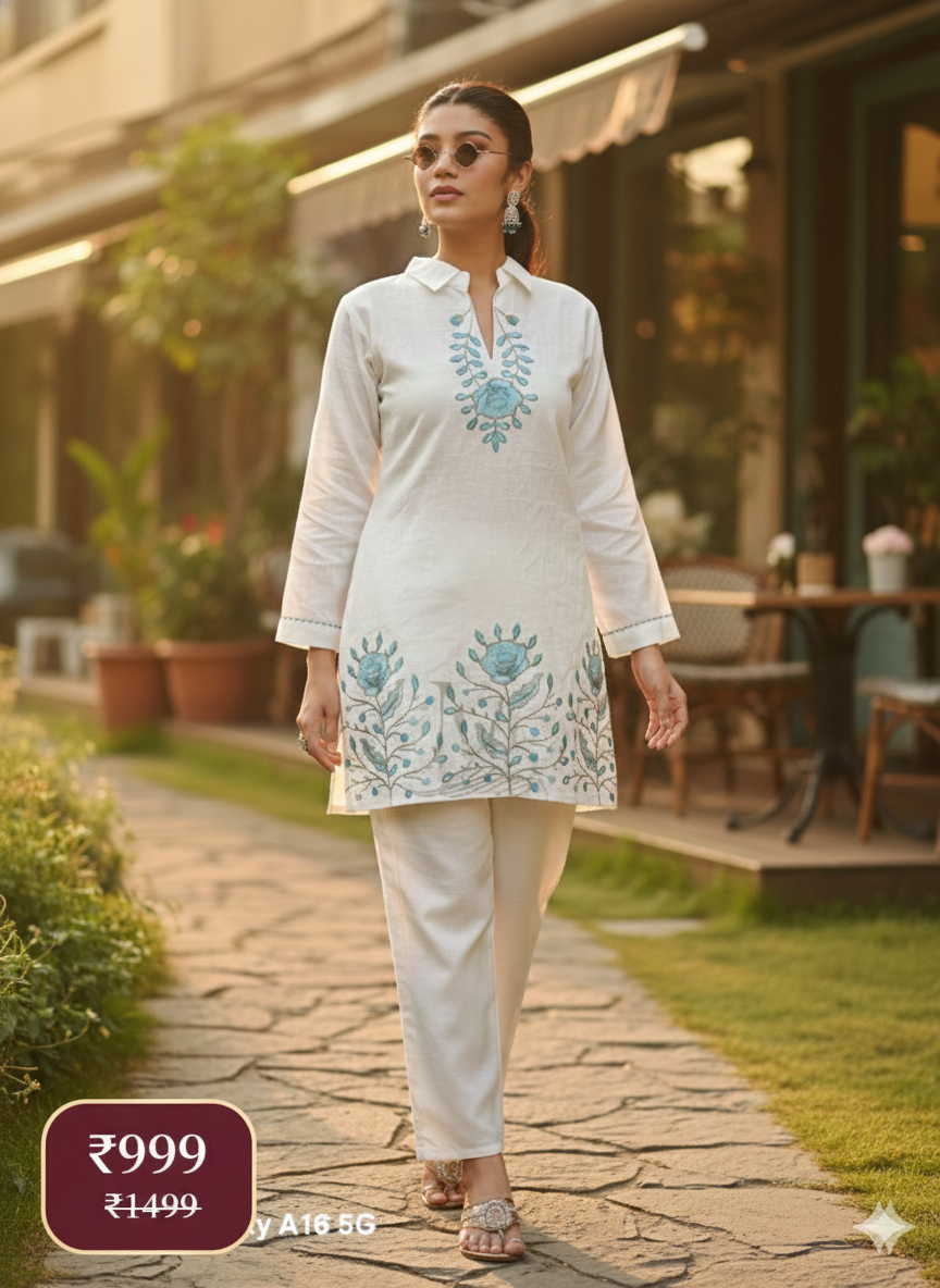 Elegant White Long Co-ord Set with Blue Floral Embroidery | Women’s Ethnic Wear | Summer Festive Outfit