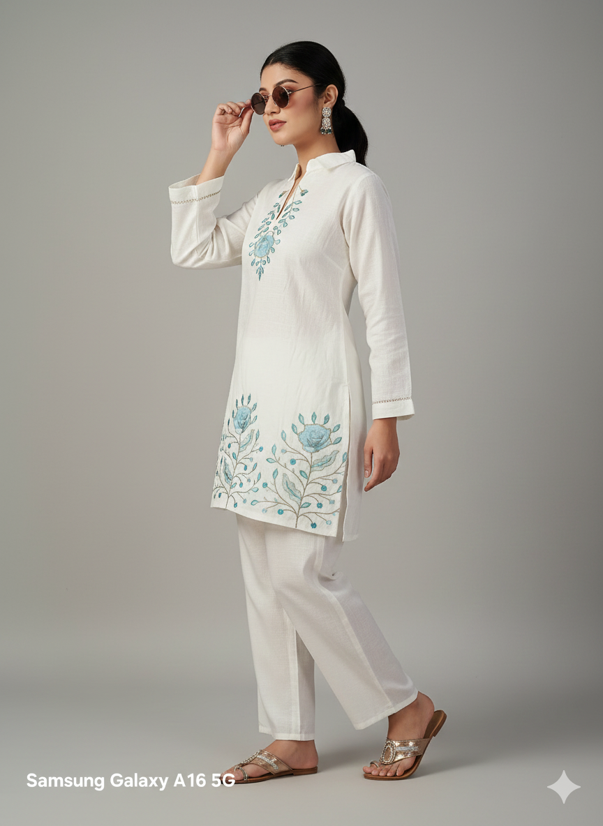 Elegant White Long Co-ord Set with Blue Floral Embroidery | Women’s Ethnic Wear | Summer Festive Outfit