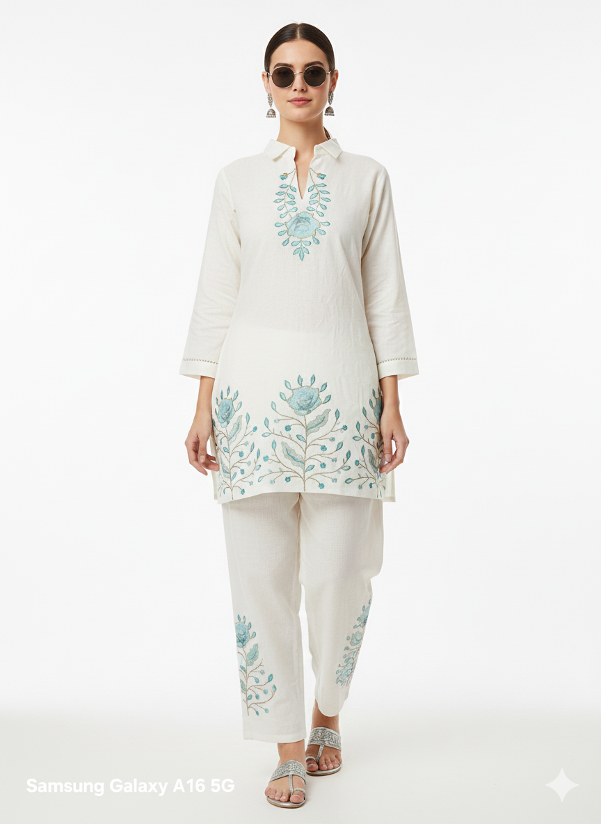 Elegant White Long Co-ord Set with Blue Floral Embroidery | Women’s Ethnic Wear | Summer Festive Outfit