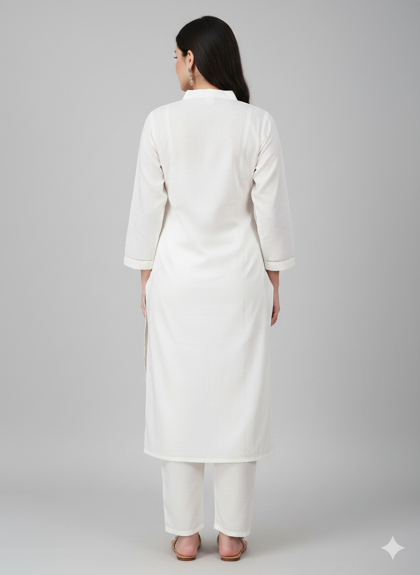 Elegant White Long Co-ord Set with Blue Floral Embroidery | Women’s Ethnic Wear | Summer Festive Outfit