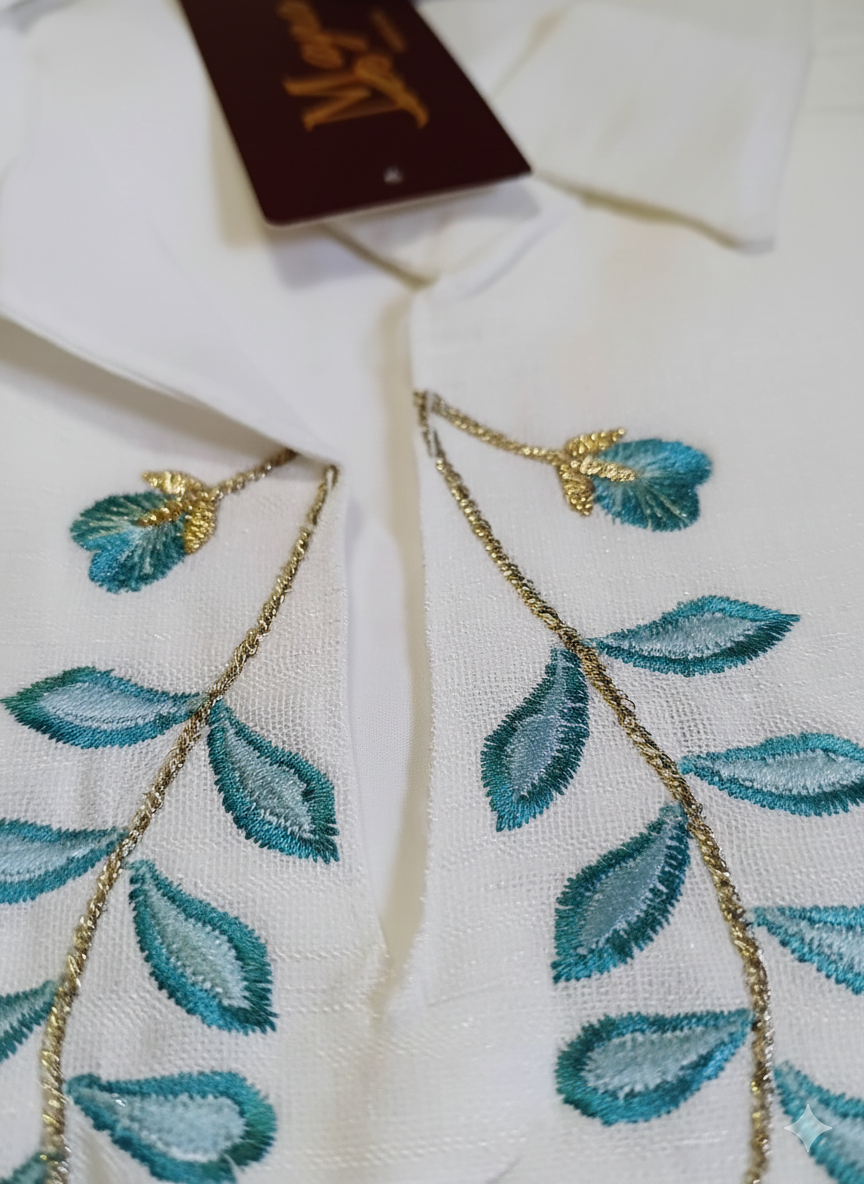 Elegant White Long Co-ord Set with Blue Floral Embroidery | Women’s Ethnic Wear | Summer Festive Outfit