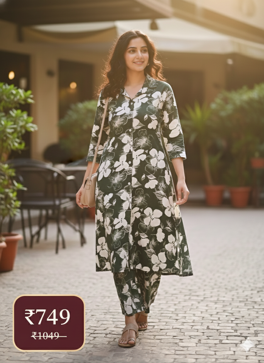 Forest Green Floral Printed Long Coord Set | Elegant Full-Length Shirt & Palazzo Co-ord for Daily & Occasion Wear
