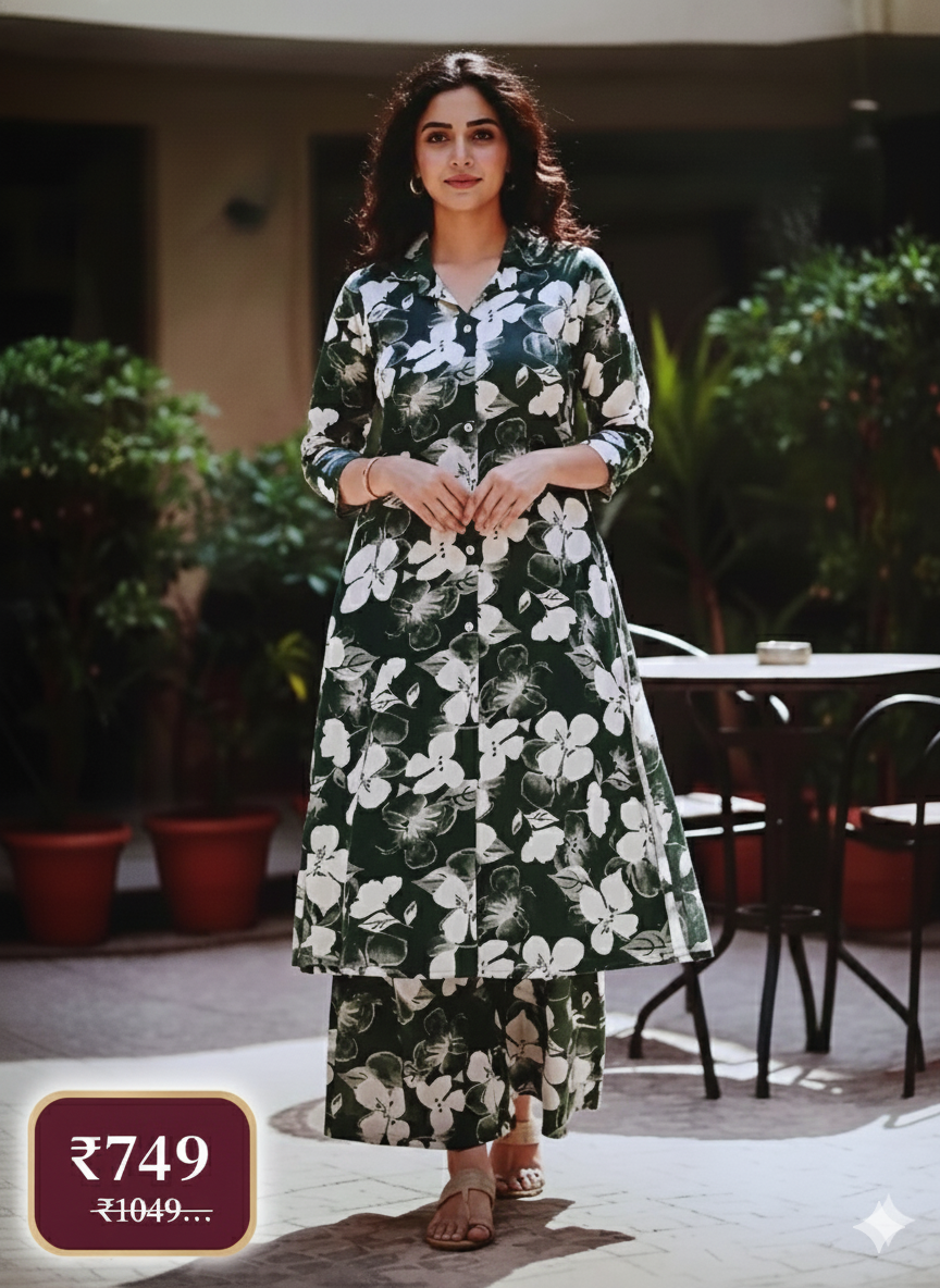 Forest Green Floral Printed Long Coord Set | Elegant Full-Length Shirt & Palazzo Co-ord for Daily & Occasion Wear